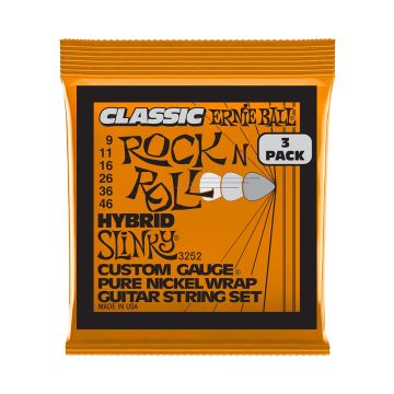 Preview van Ernie Ball 3252 Hybrid Slinky Classic Rock n Roll Pure Nickel Wrap Electric Guitar Strings - .009 - .046 3-Pack